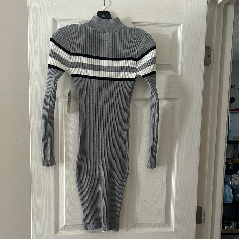 Gray Ribbed Knit Dress with Stripes